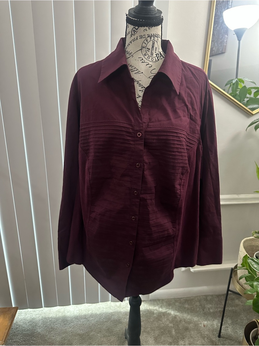 CJ Banks Burgundy Pintuck Button-Down Blouse – Size 3X